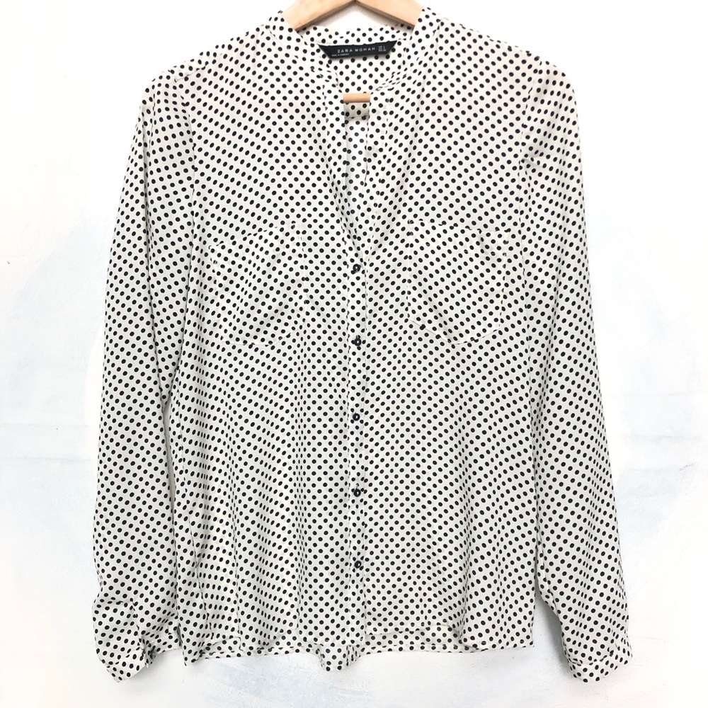 Zara White and Navy Polka Dot Button Down Blouse
